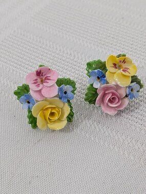 Vintage pair of colorful floral porcelain bone china earrings - Denton England